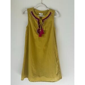 THML Chartreuse Cotton Embroidered Tank Dress with Beautiful Details XS. Yellow